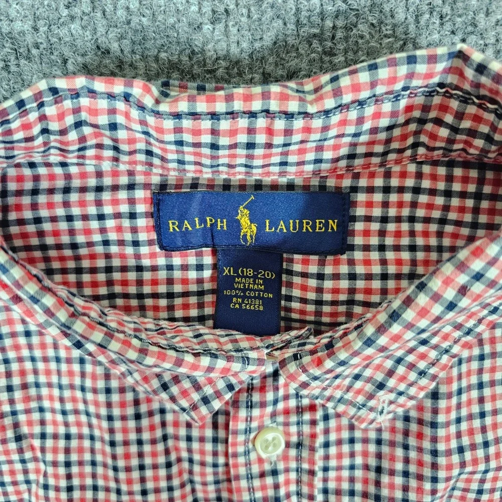 Ralph Lauren Gingham Button Down Long‎ Sleeve Shirt Kids Size XL 18-20 Red Blue